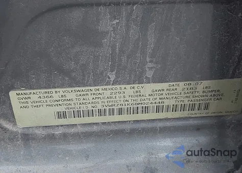 2008 Volkswagen Jetta Se/Sel z USA, uszkodzony, nr VIN 3VWRZ81K68M024448